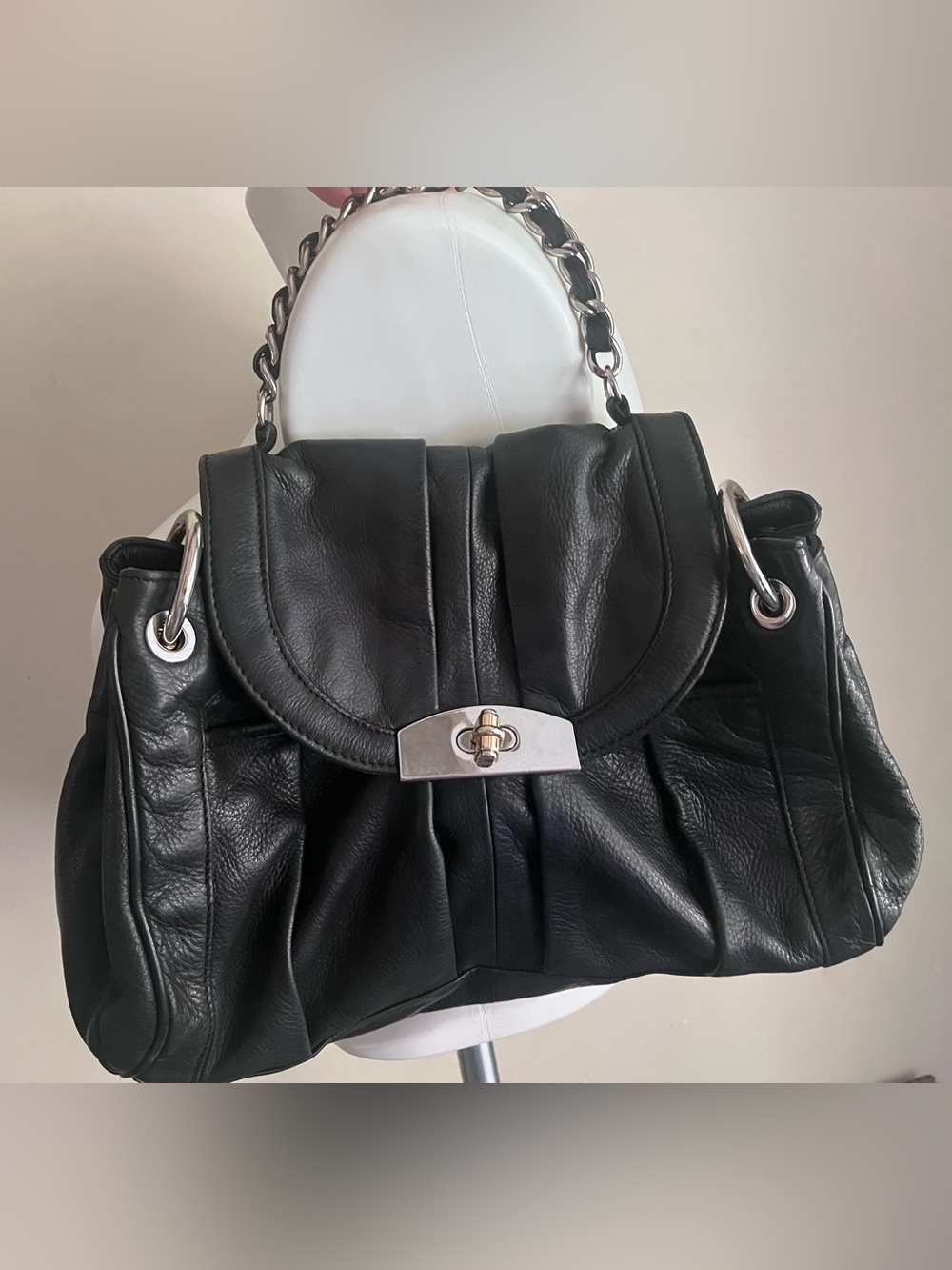 Genuine leather satchel with chain strap